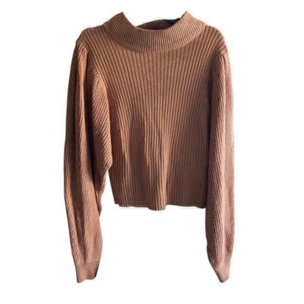 Boohoo mock turtleneck ribbed knit sweater dramatic sleeves tan plus sz 16-18